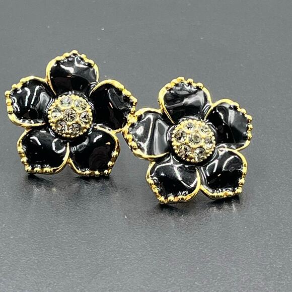 Kate Spade NY Black Enamel Pave Center Gold Plated Flower Stud Pierced Earrings - Picture 1 of 8